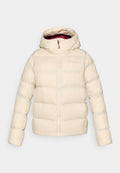 Hellbeige Steppjacke mit Kapuze, gestepptem Design, durchgehendem Reißverschluss vorne und kontrastierendem Innenfutter. Weiche, glatte Textur.