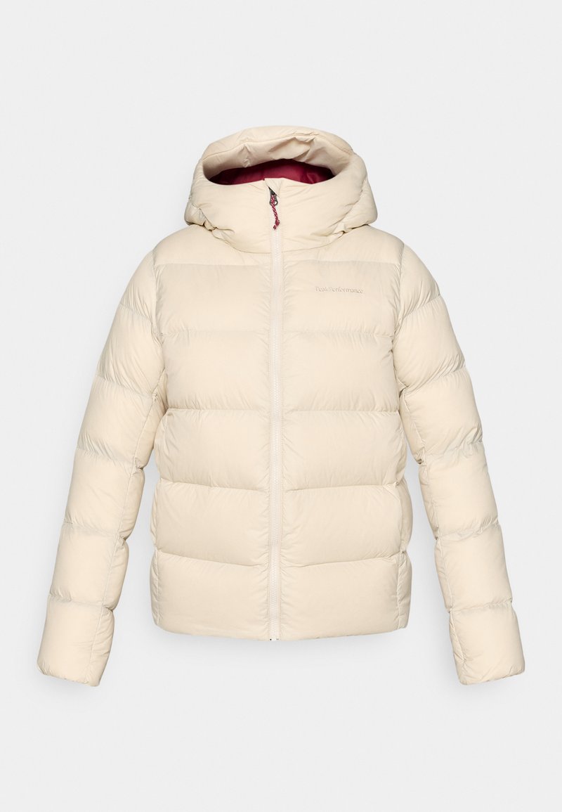 Hellbeige Steppjacke mit Kapuze, gestepptem Design, durchgehendem Reißverschluss vorne und kontrastierendem Innenfutter. Weiche, glatte Textur.