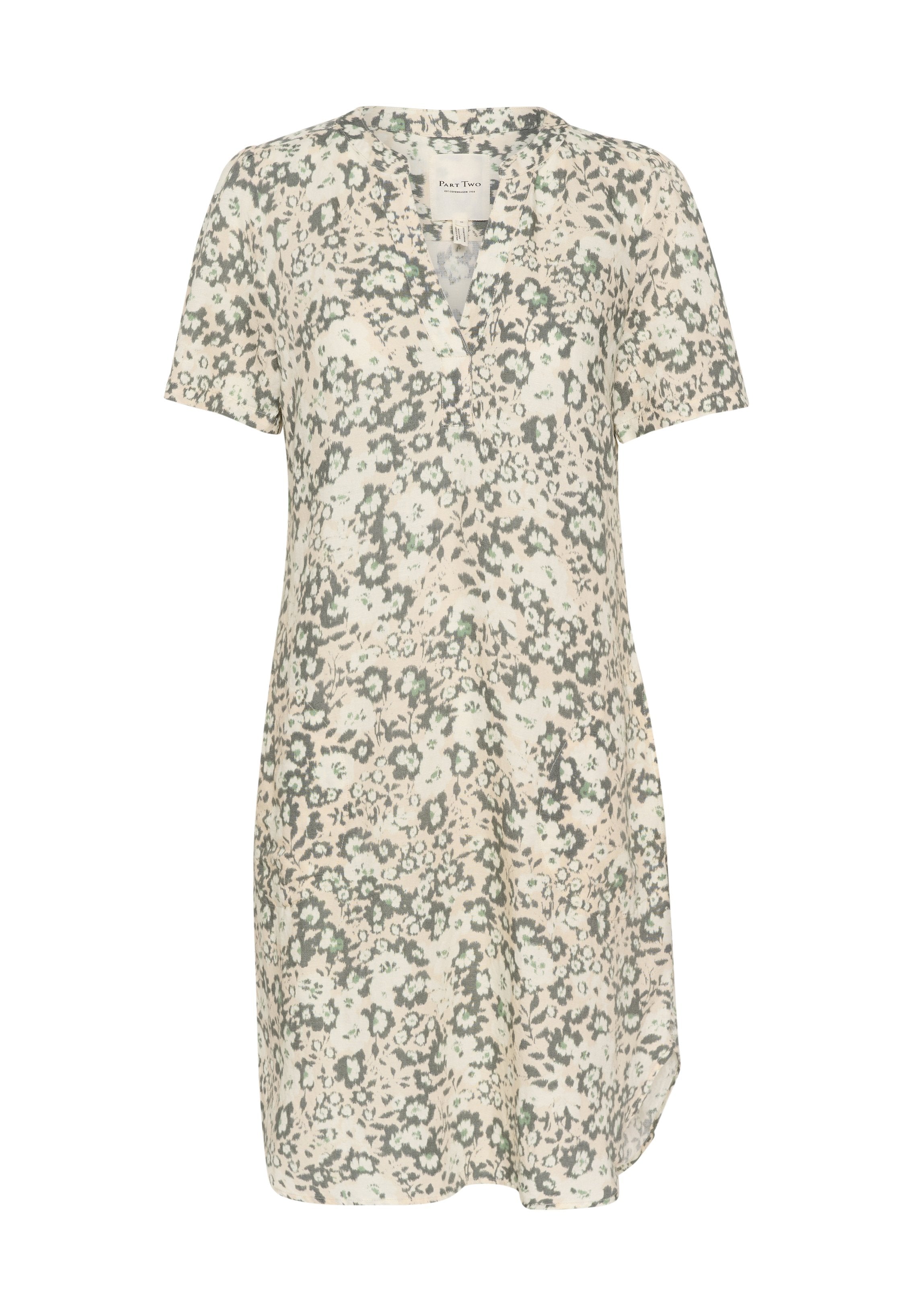 Kleid mit kurzen Ärmeln aus leichtem Stoff, das einen beigen Hintergrund mit grünen Blumen- und Blattmustern aufweist; V-Ausschnitt, lässige Passform, knielang.