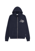 Marineblaues Zip-Pullover aus Baumwollmischung, mit einer Vordertasche, Kapuze mit Kordelzug und "LD"-Logo in Creme auf der linken Brust.