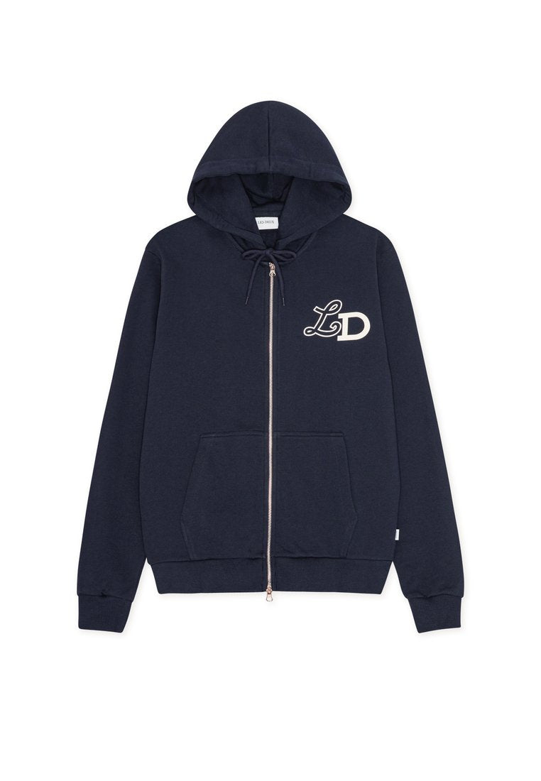 Marineblaues Zip-Pullover aus Baumwollmischung, mit einer Vordertasche, Kapuze mit Kordelzug und "LD"-Logo in Creme auf der linken Brust.