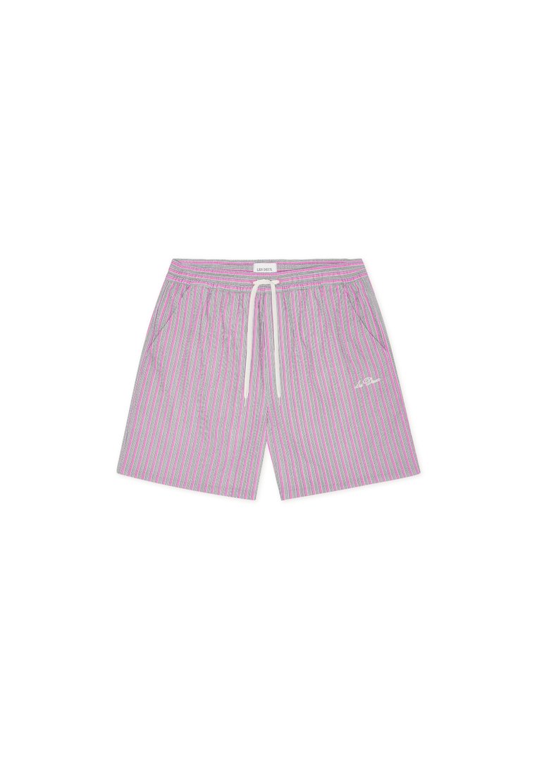 Gestreifte Badeshorts in Lila, Pink und Grau mit elastischem Bund und Kordelzug, seitlichen Taschen und einem Logodetail.