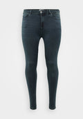 Schlanke Jeans aus dunkelblauem Denim, mit einem klassischen Fünf-Taschen-Design, vorderem Knopfverschluss und subtilen Verfärbungen an den Oberschenkeln.