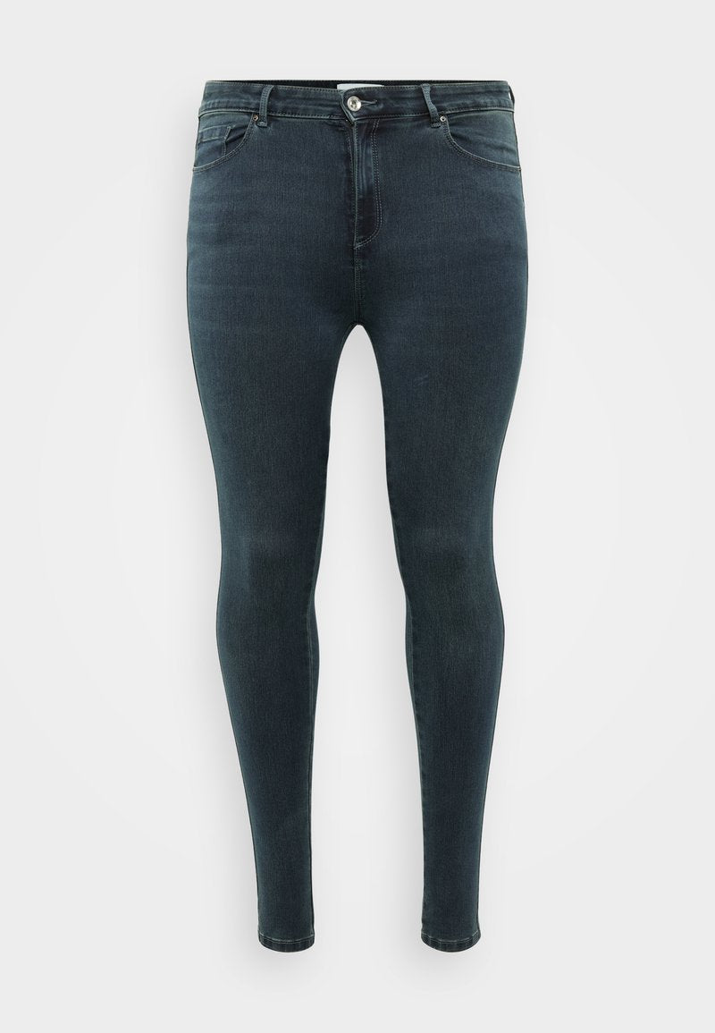Schlanke Jeans aus dunkelblauem Denim, mit einem klassischen Fünf-Taschen-Design, vorderem Knopfverschluss und subtilen Verfärbungen an den Oberschenkeln.