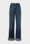 Hochtaillierte weit geschnittene Jeans in dunkelblauem Denim, mit kontrastierender Nähte, umgeschlagenem Saum und klassischem Fünf-Taschen-Design.
