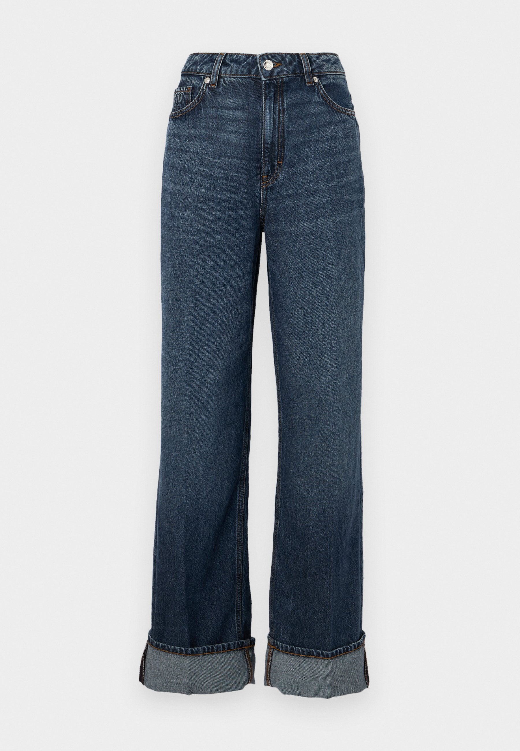 Hochtaillierte weit geschnittene Jeans in dunkelblauem Denim, mit kontrastierender Nähte, umgeschlagenem Saum und klassischem Fünf-Taschen-Design.