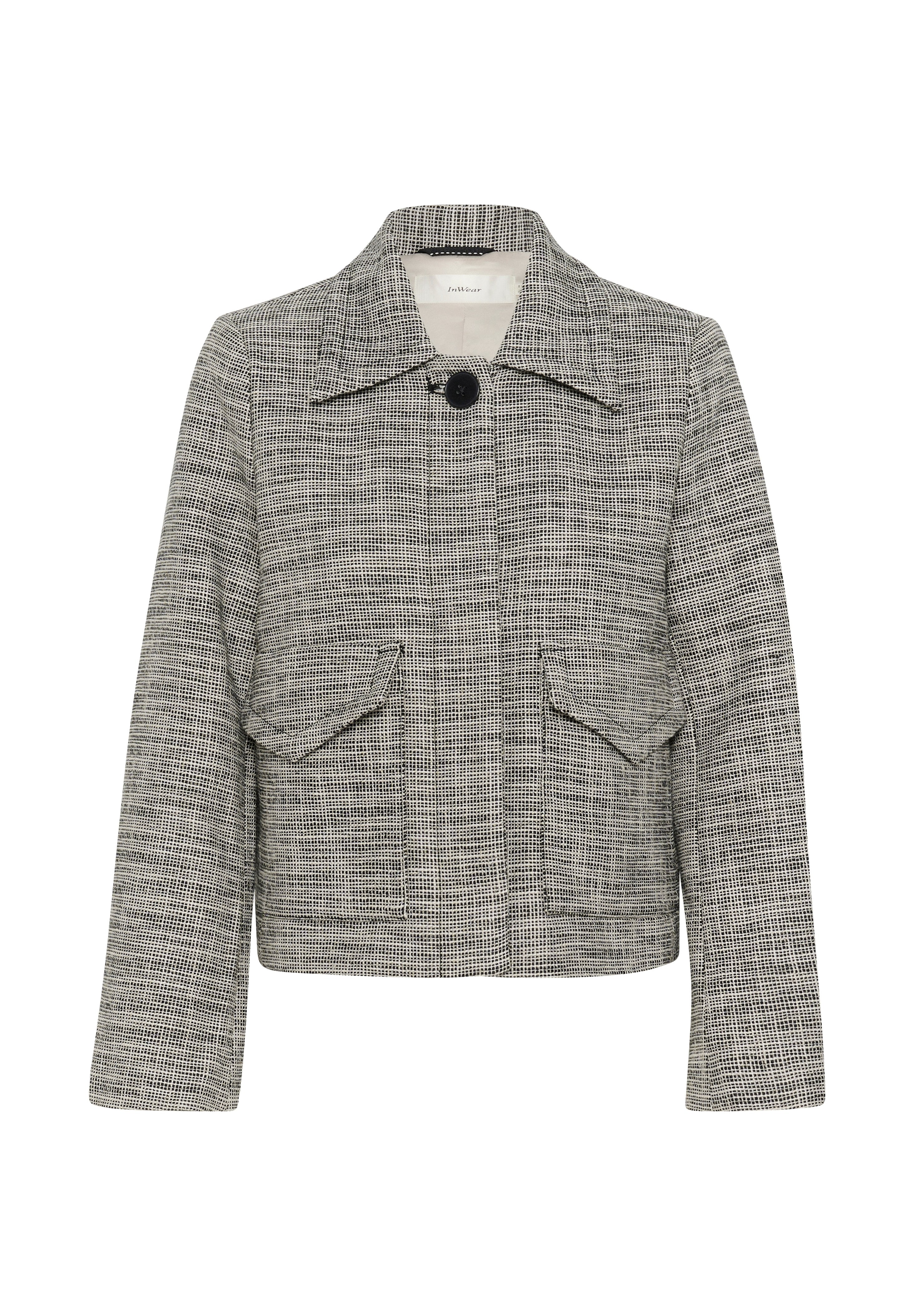 Grau- und schwarz kariertes, kurzes Jackett mit Kragen, einem einzelnen Knopfverschluss und zwei Fronttaschen. Textiles Material mit strukturiertem Design.