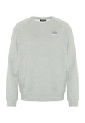 Hellgrauer Pullover mit langen Ärmeln, gerippten Bündchen und Saum, mit einem kleinen mehrfarbigen Logo auf der Brust. Weiches Material aus Baumwollmischung.