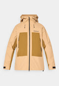 Beige- und braune Kapuzenjacke mit Frontreißverschluss, zwei großen Fronttaschen, verstellbaren Bündchen und "Peak Performance"-Logo auf der Brust.