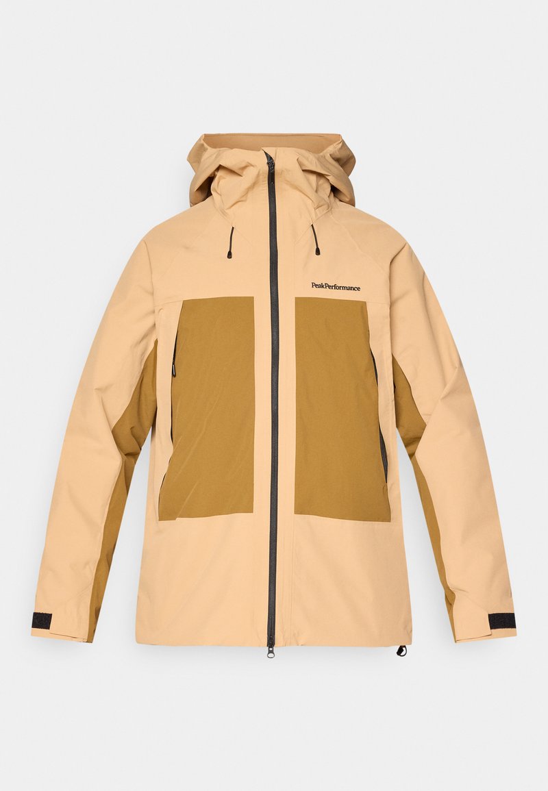 Beige- und braune Kapuzenjacke mit Frontreißverschluss, zwei großen Fronttaschen, verstellbaren Bündchen und "Peak Performance"-Logo auf der Brust.