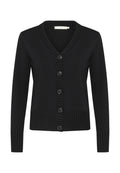 Schwarze Strickjacke mit V-Ausschnitt, gerippter Textur und sechs großen Knöpfen auf der Vorderseite. Lange Ärmel und ein taillierter Schnitt mit geripptem Saum.