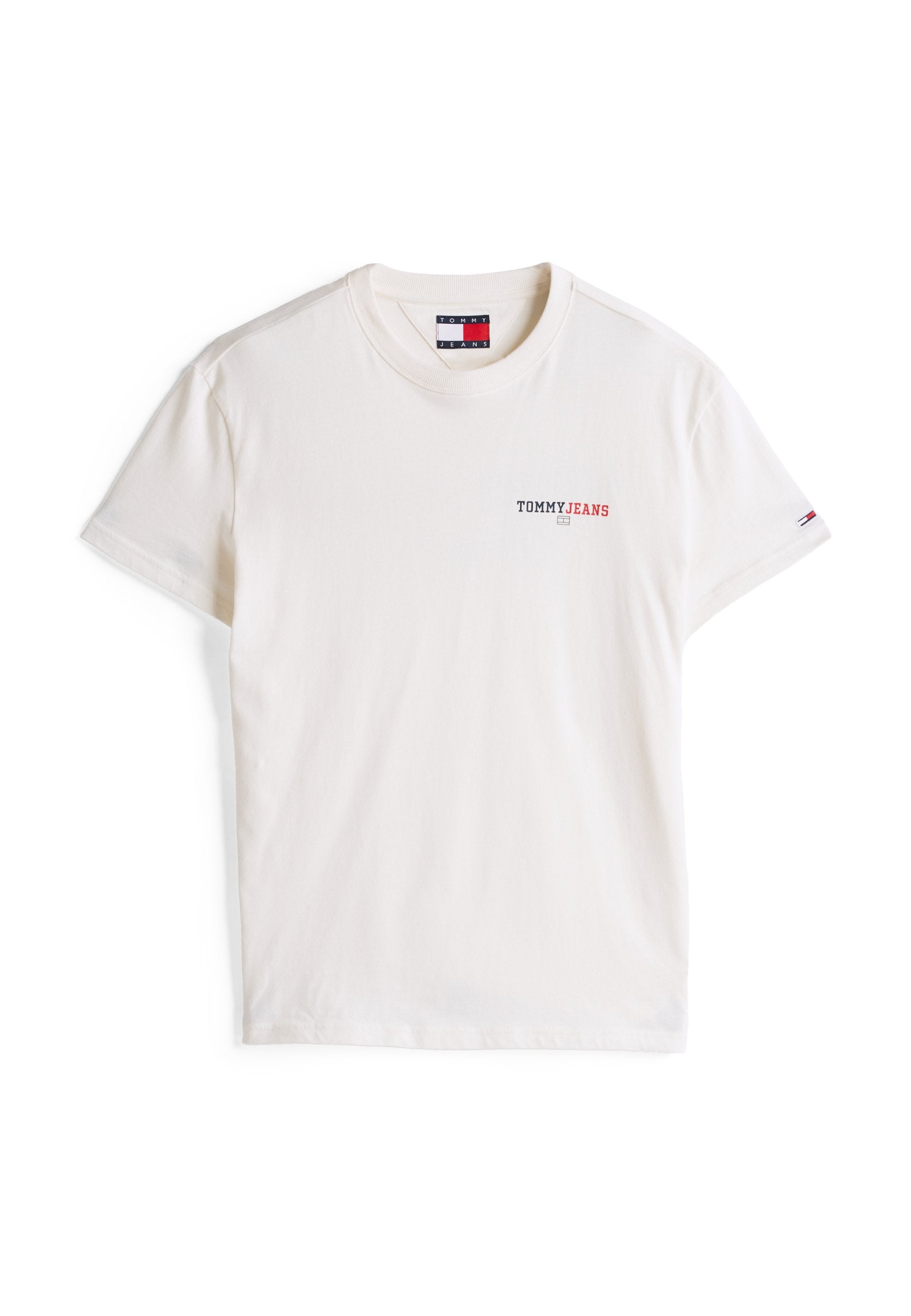 Weißes Baumwoll-T-Shirt mit kurzen Ärmeln, Rundhalsausschnitt und Frontlogo in schwarzem und rotem Text. Dezente Stickdetails und Etikett am Kragen.