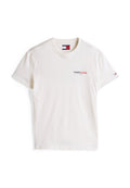Weißes Baumwoll-T-Shirt mit kurzen Ärmeln, Rundhalsausschnitt und Frontlogo in schwarzem und rotem Text. Dezente Stickdetails und Etikett am Kragen.
