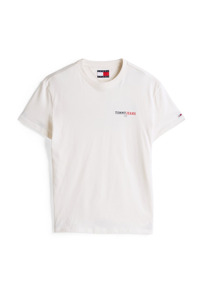 Weißes Baumwoll-T-Shirt mit kurzen Ärmeln, Rundhalsausschnitt und Frontlogo in schwarzem und rotem Text. Dezente Stickdetails und Etikett am Kragen.