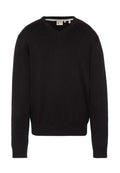 Schwarzer Langarm-V-Ausschnitt-Pullover mit gerippten Bündchen und Saum, flach liegend mit sichtbarem Markenetikett im Kragen.