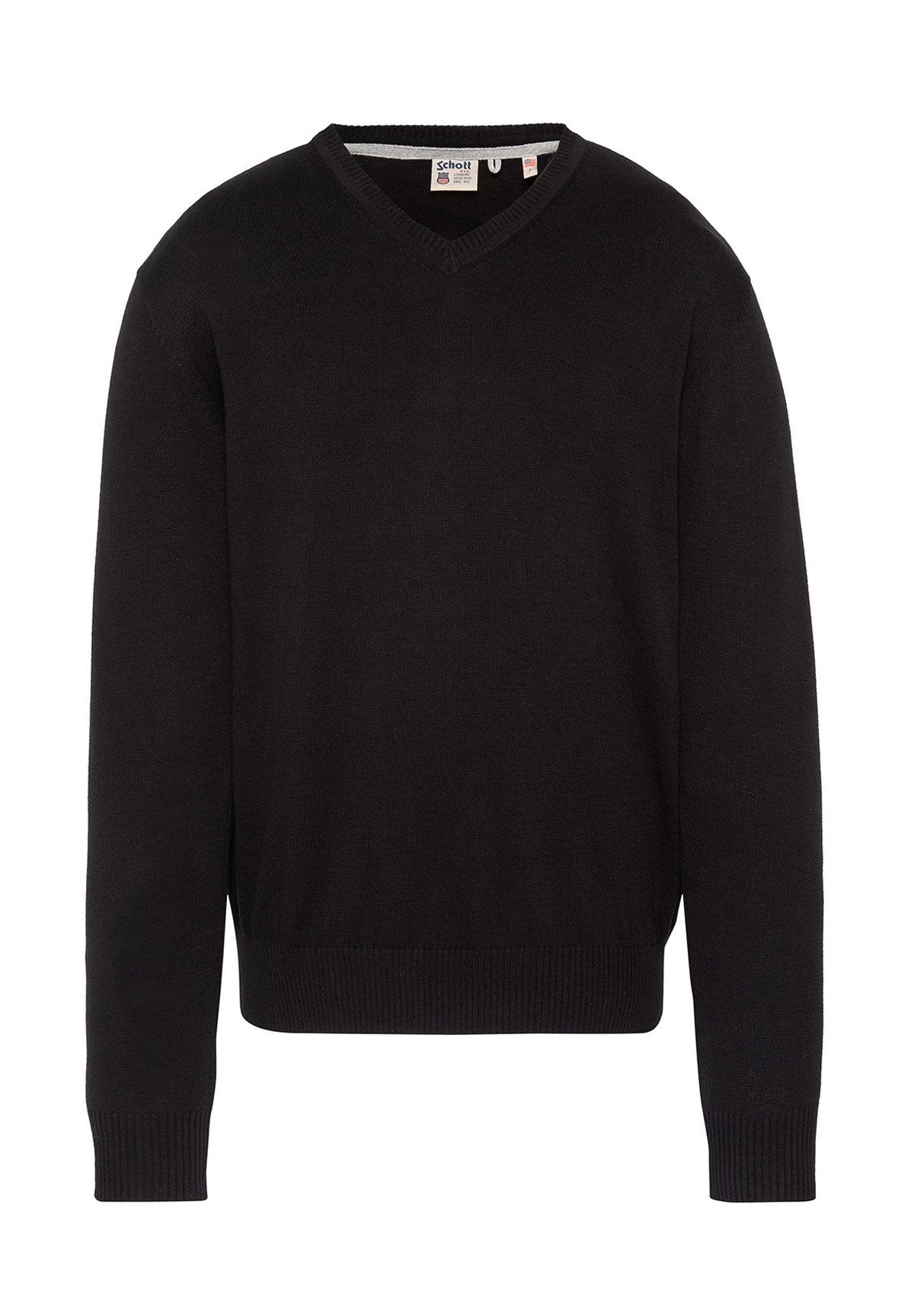 Schwarzer Langarm-V-Ausschnitt-Pullover mit gerippten Bündchen und Saum, flach liegend mit sichtbarem Markenetikett im Kragen.