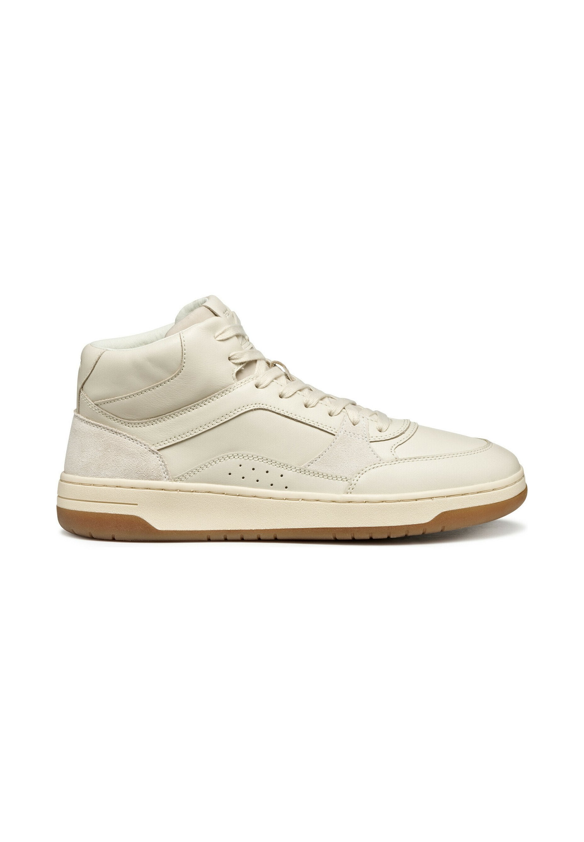 Beige Leder- und Wildledersneaker im High-Top-Stil. Mit strukturierten Akzenten, durchlöchertem Design und einer Gummisohle für besseren Grip.
