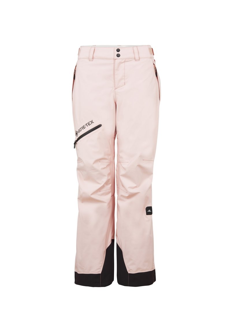 GORE-TEX Skihosen in Hellpink, mit schwarzem Saum, vorderen Taschen und einer seitlichen Reißverschlusstasche für Funktionalität.