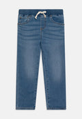 Helle blaue Jeanshose mit elastischem Bund, Kordelzugdetails, Fronttaschen und geradem Schnitt. Glatte Textur mit leichter Ausbleichung.