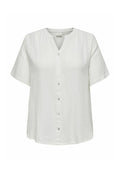 Weißes Kurzarm-Bluse mit V-Ausschnitt, aus strukturiertem Stoff, mit vorderer Knopfleiste und lockerer Silhouette.