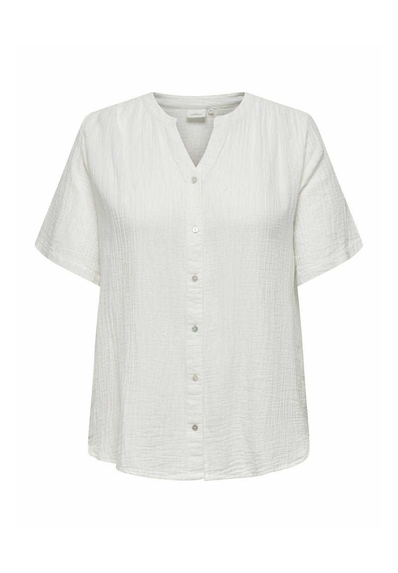 Weißes Kurzarm-Bluse mit V-Ausschnitt, aus strukturiertem Stoff, mit vorderer Knopfleiste und lockerer Silhouette.