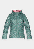 Türkis gesteppte Jacke mit Kapuze, Frontreißverschluss und kleinem rosa Blumenmuster, mit hellrosa Innenfutter und zwei Fronttaschen.