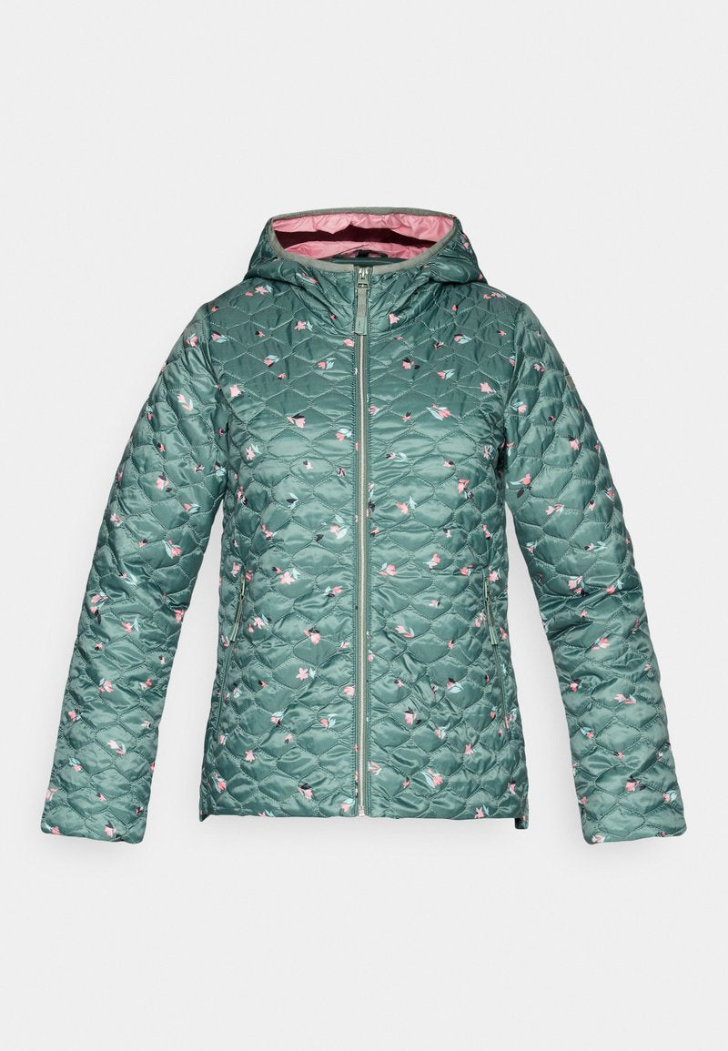 Türkis gesteppte Jacke mit Kapuze, Frontreißverschluss und kleinem rosa Blumenmuster, mit hellrosa Innenfutter und zwei Fronttaschen.