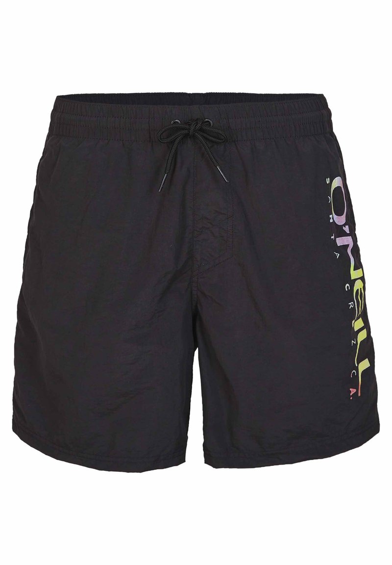 Schwarze Badeshorts mit strukturiertem Finish, ausgestattet mit einem Kordelzugbund und einem vertikalen, mehrfarbigen Logo-Design auf der linken Seite.