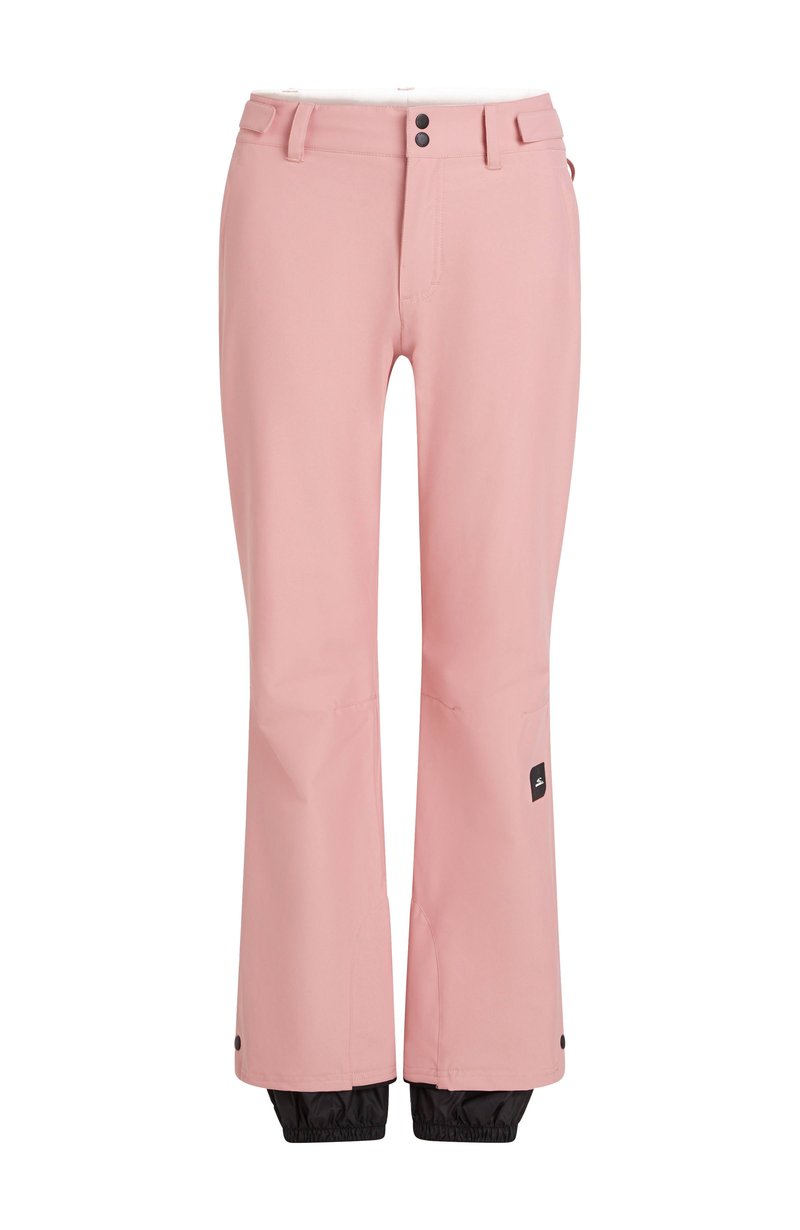 Helle rosa Skihosen mit tailliertem Design, zwei Knopfverschluss und verstellbaren Knöchelumschlägen in Schwarz. Mit einem Logo-Patch an der Seite.