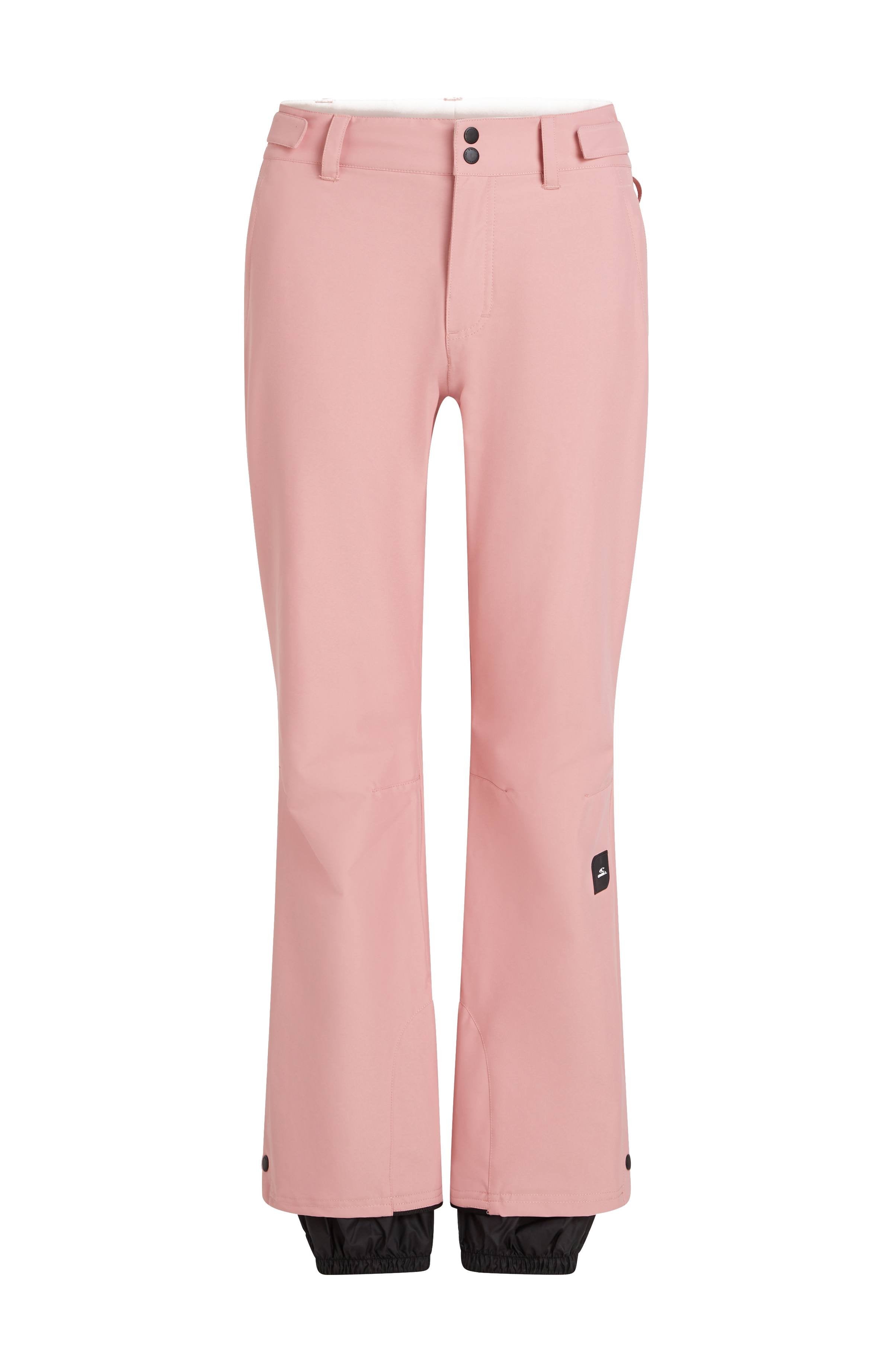 Helle rosa Skihosen mit tailliertem Design, zwei Knopfverschluss und verstellbaren Knöchelumschlägen in Schwarz. Mit einem Logo-Patch an der Seite.