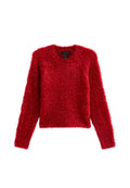 Roter, fusseliger Pullover mit langen Ärmeln und V-Ausschnitt-Design. Hergestellt aus weichem, strukturiertem Material, mit einem leicht verkürzten Schnitt.