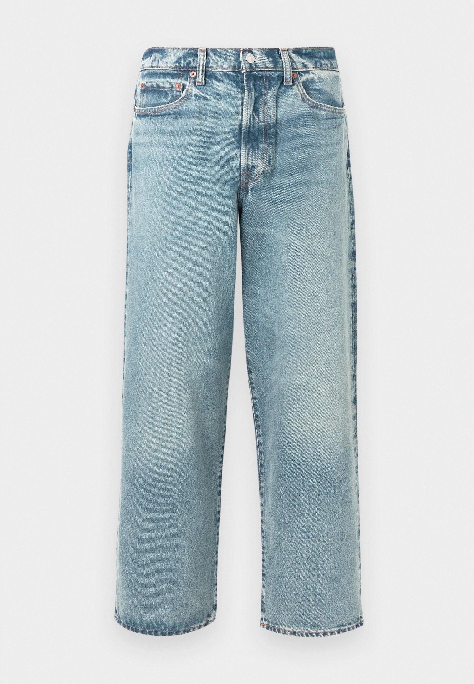 Helle Jeans aus Denim mit einer lockeren Passform, geradem Bein, mittelhoher Taille, fünf Taschen und sichtbaren Nähdetails.