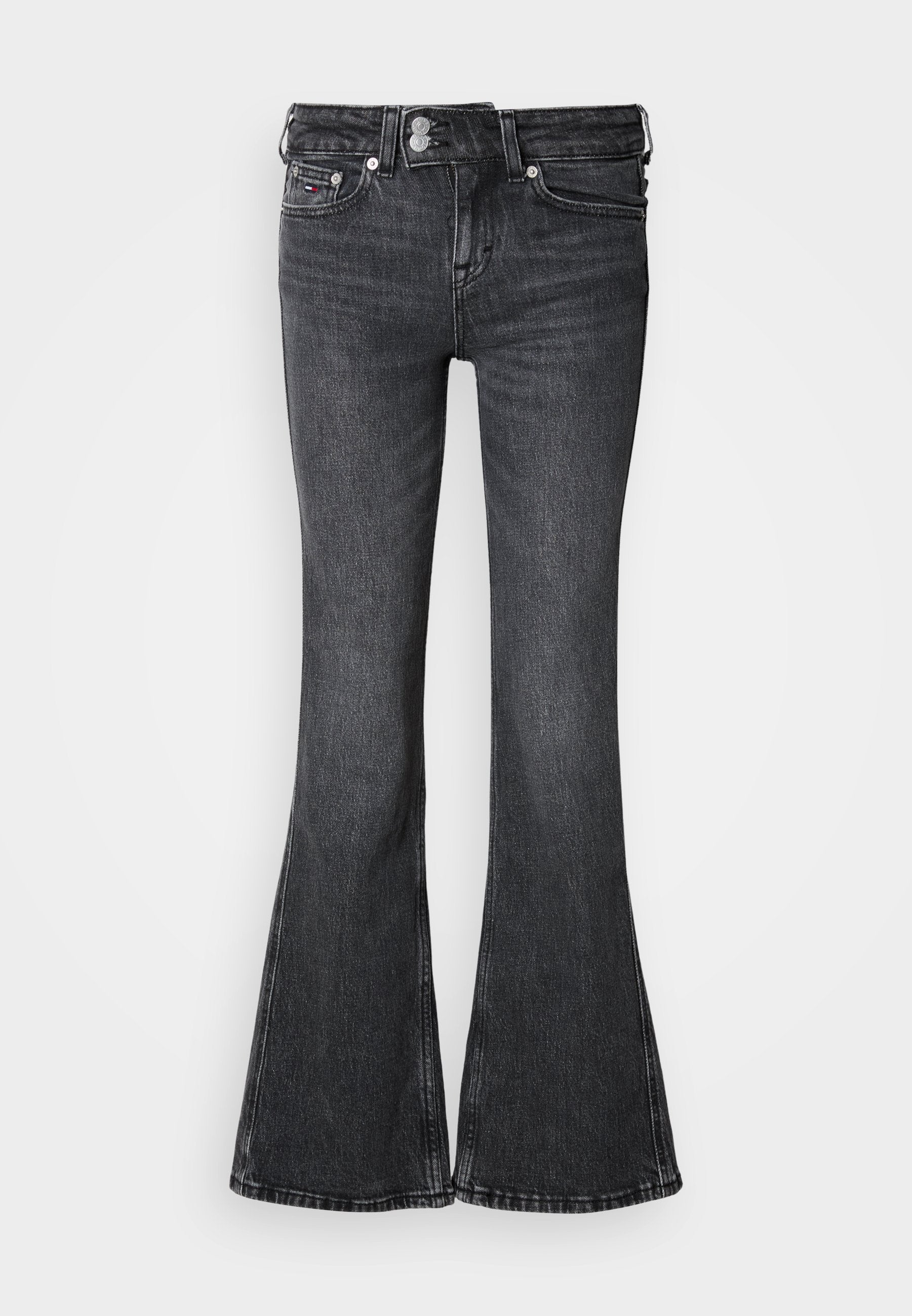 Schwarze Schlagjeans aus Denim mit mittelhohem Bund, fünf Taschen und einem abgesteppten Saum. Dekoratives Logo auf dem hinteren Bund.