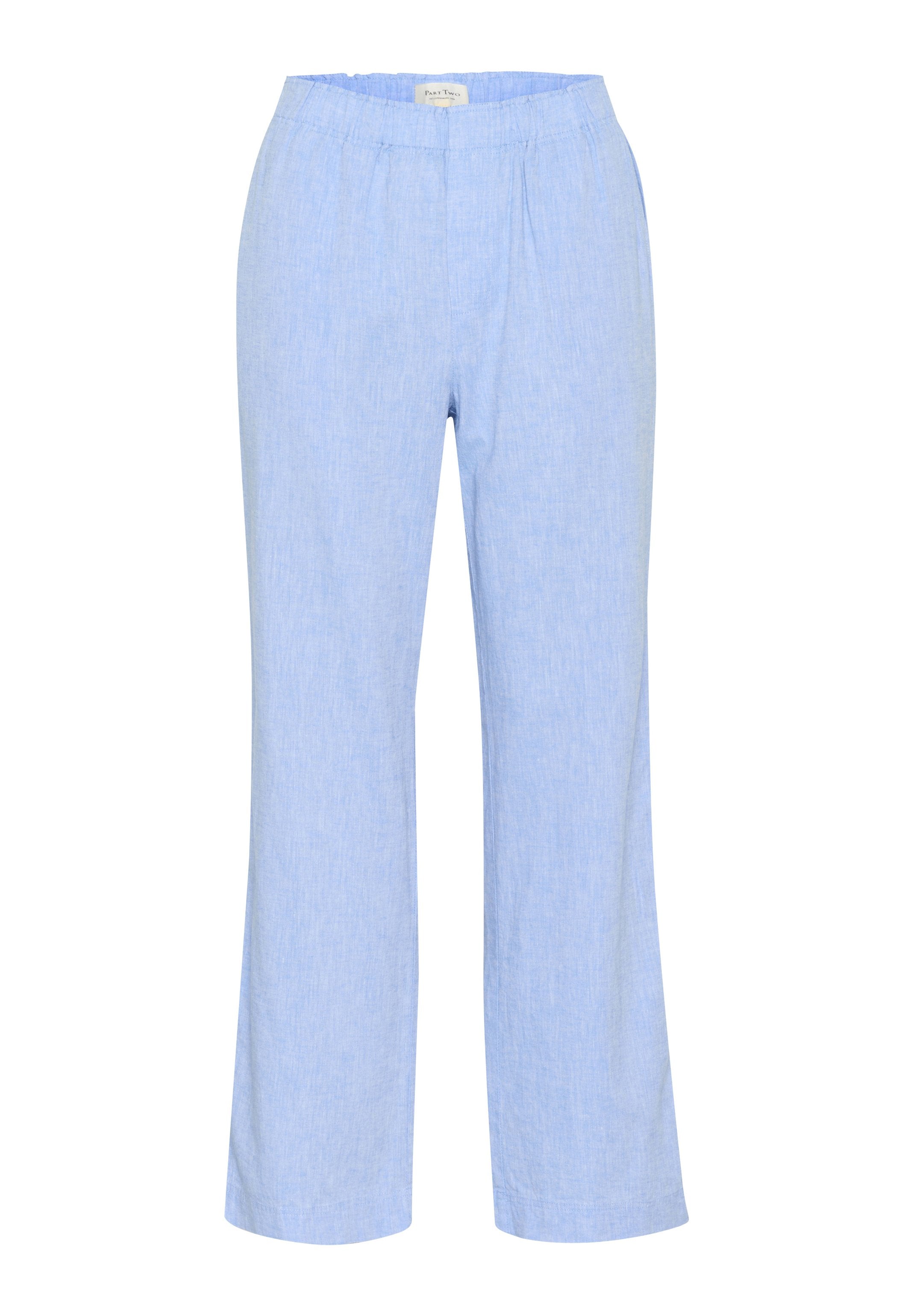 Hellblaue, weit geschnittene Hosen aus strukturiertem Stoff. Mit einem elastischen Bund und vorderen Falten für zusätzliche Details.