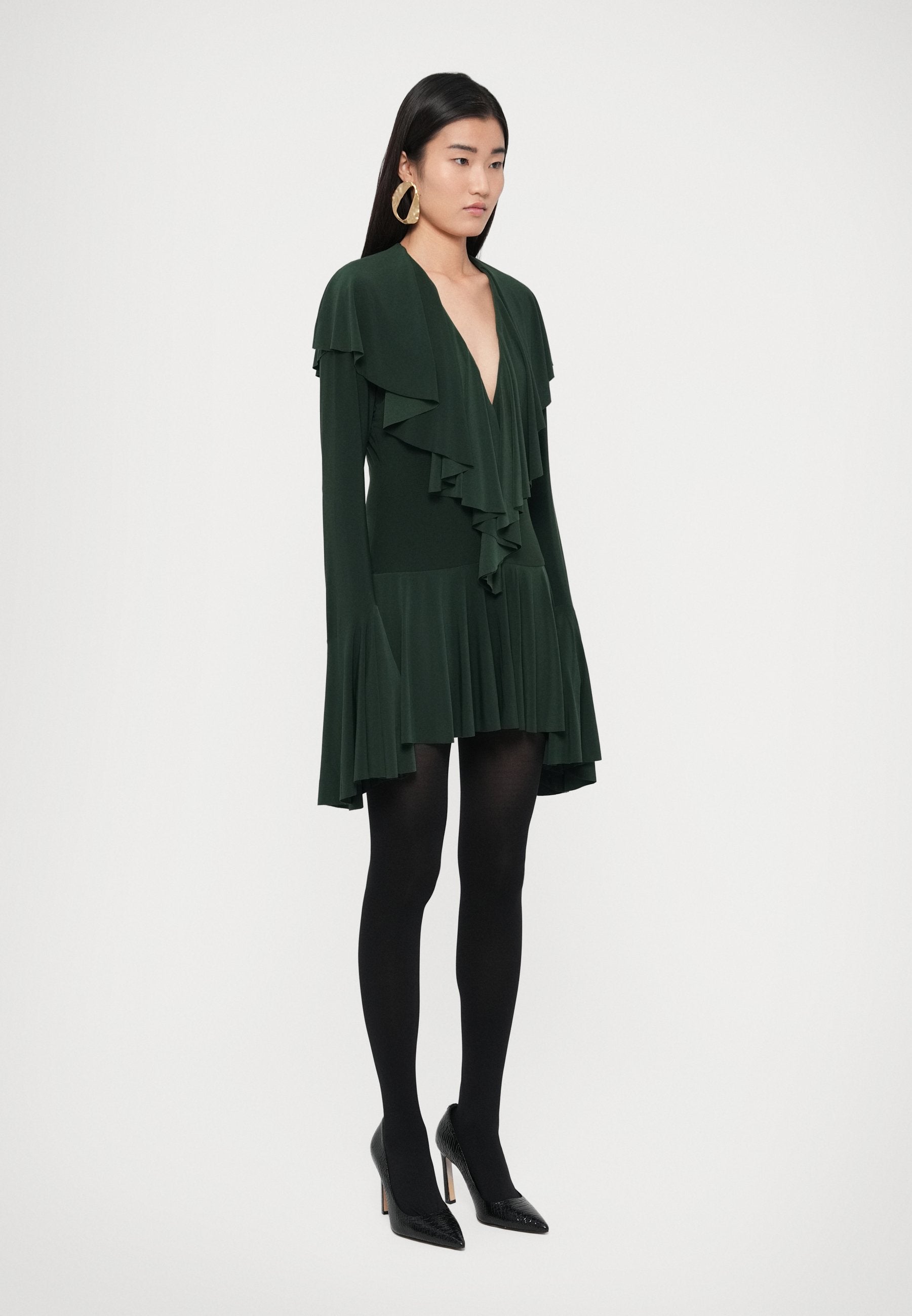 Norma Kamali LONG SLEEVE DEEP V RUFFLE DRESS
