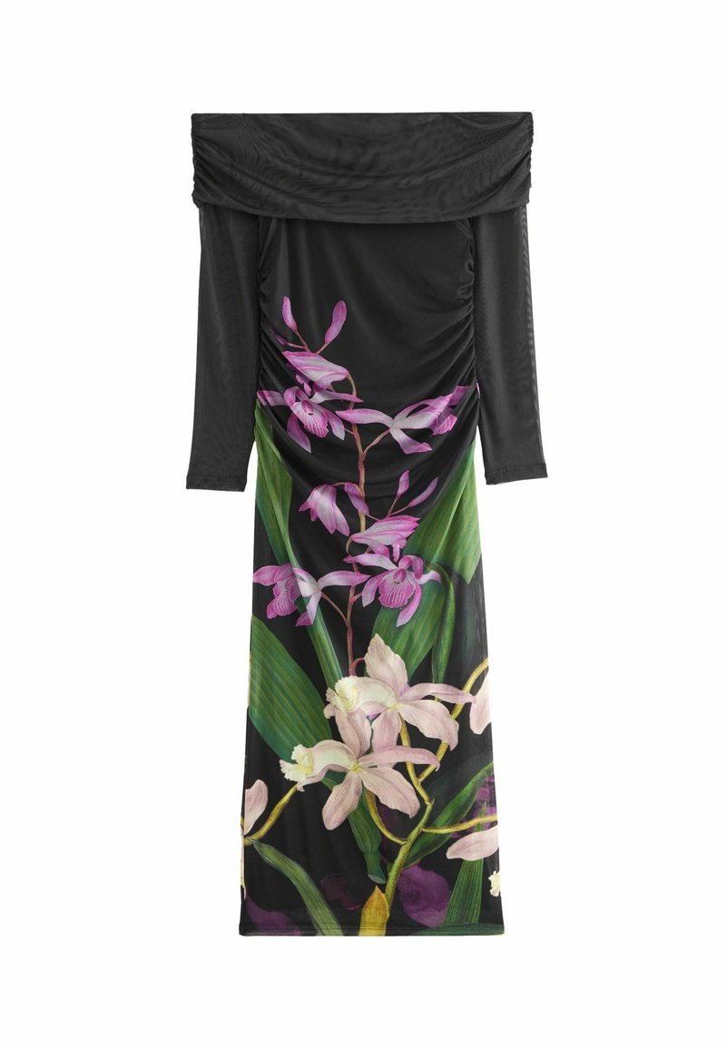 Schwarzes schulterfreies Kleid mit gerafftem Stoff, verziert mit einem bunten floralen Druck aus rosa Orchideen und grünen Blättern.