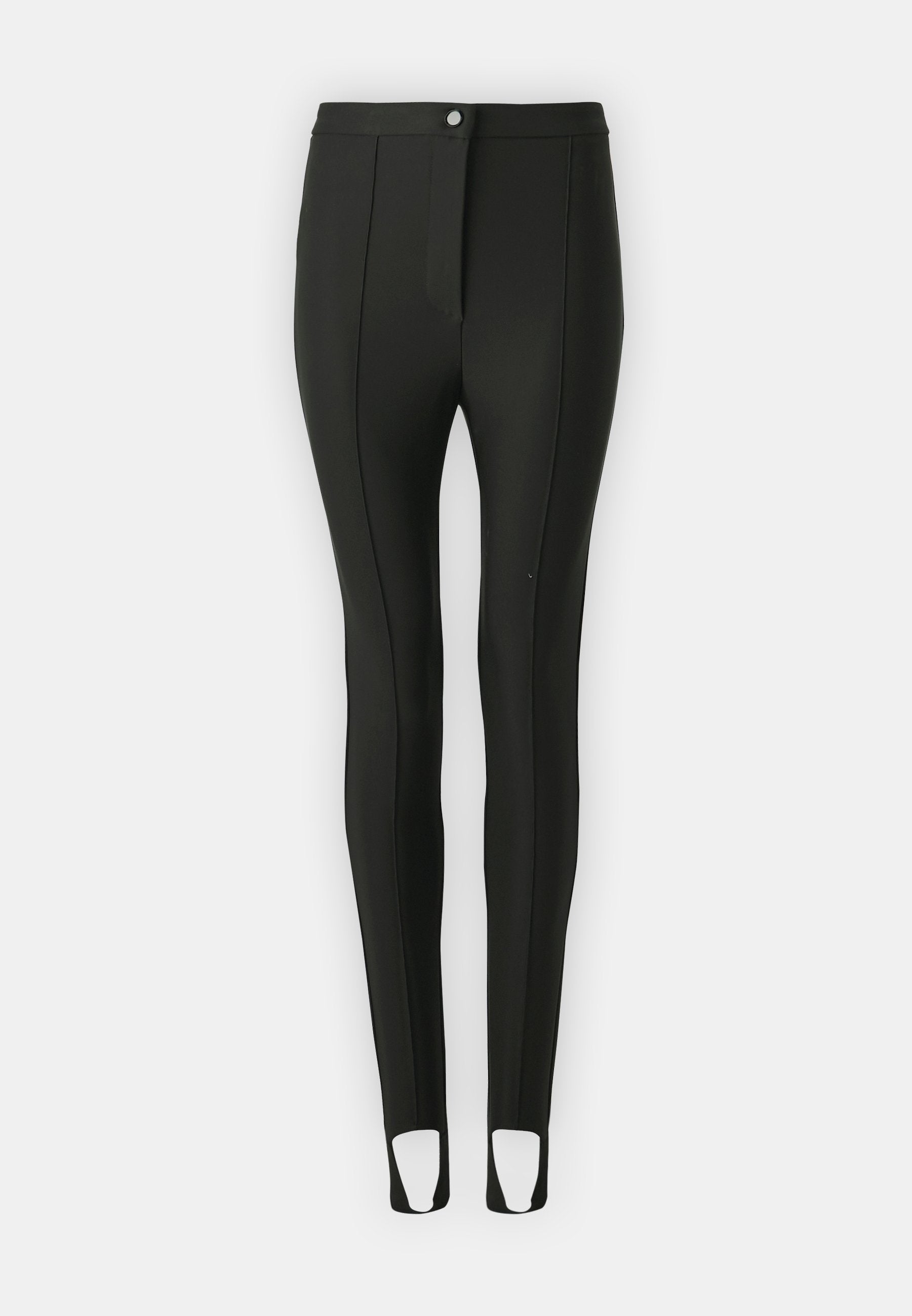 Schwarze Leggings aus elastischem Material, mit tailliertem Design, vorderem Knopfverschluss und Knöchel-Ausschnitten für Bewegungsfreiheit.