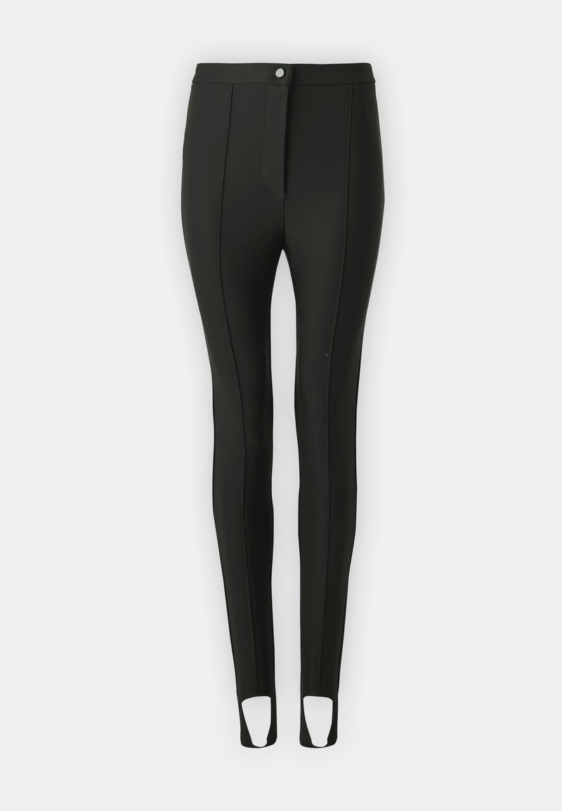 Schwarze Leggings aus elastischem Material, mit tailliertem Design, vorderem Knopfverschluss und Knöchel-Ausschnitten für Bewegungsfreiheit.