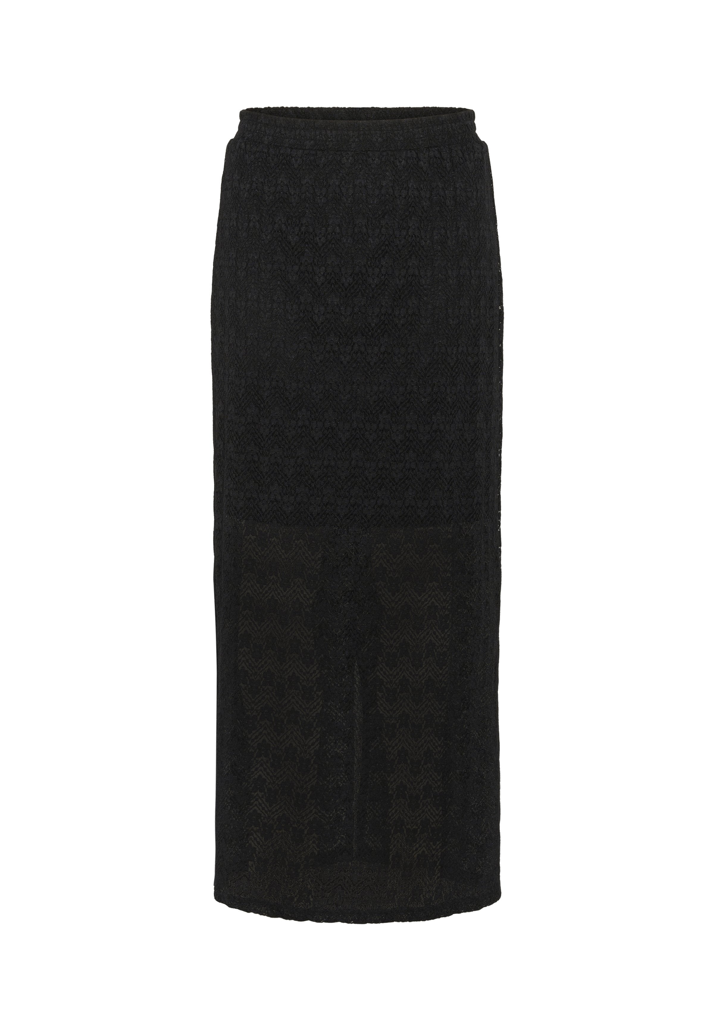 Schwarze Midikleider mit einem strukturierten Zickzackmuster. Elastischer Taillenbund und eine schmale Silhouette, mit einem durchsichtigen unteren Teil.