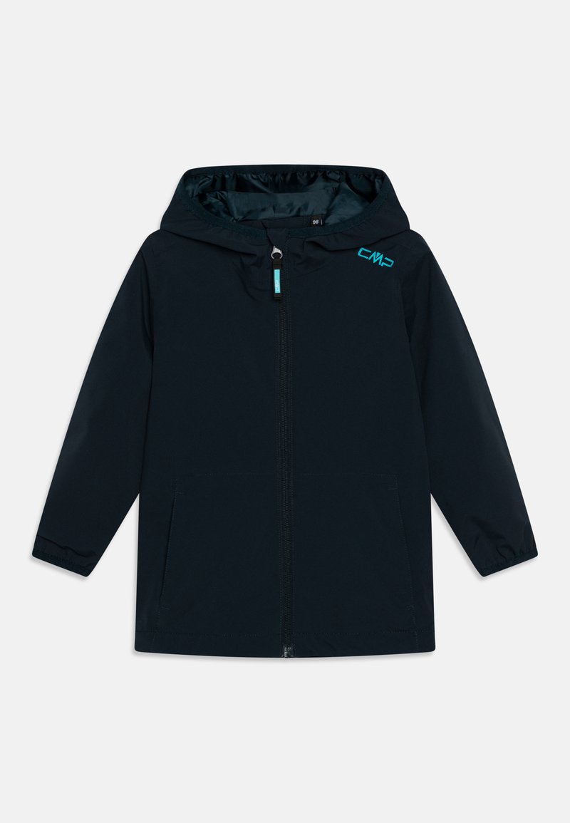 Marineblaue wasserdichte Jacke mit Kapuze, Front-Reißverschluss und zwei Seitentaschen. Mit hellblauem Logo auf der oberen linken Seite.