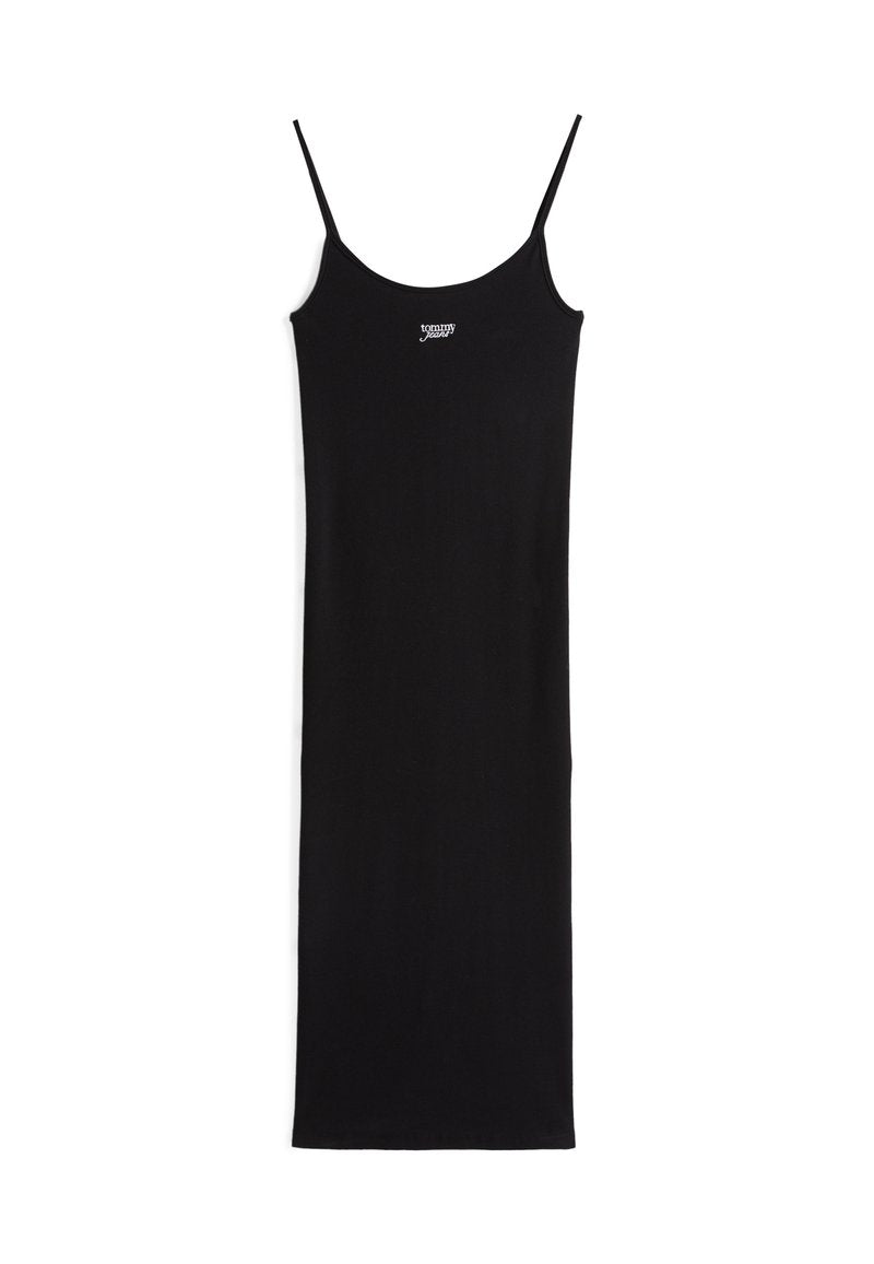 Schwarzes, geripptes Baumwollkleid mit dünnen Spaghettiträgern und gerader Silhouette. Mit einem kleinen weißen Logo auf der oberen Vorderseite.