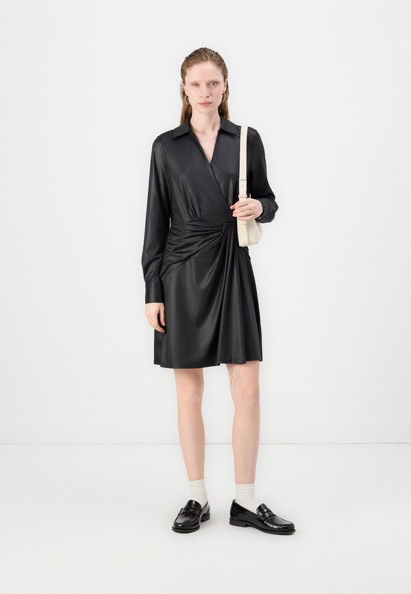 DKNY COLLARED V NECK DRAPPED DRESS