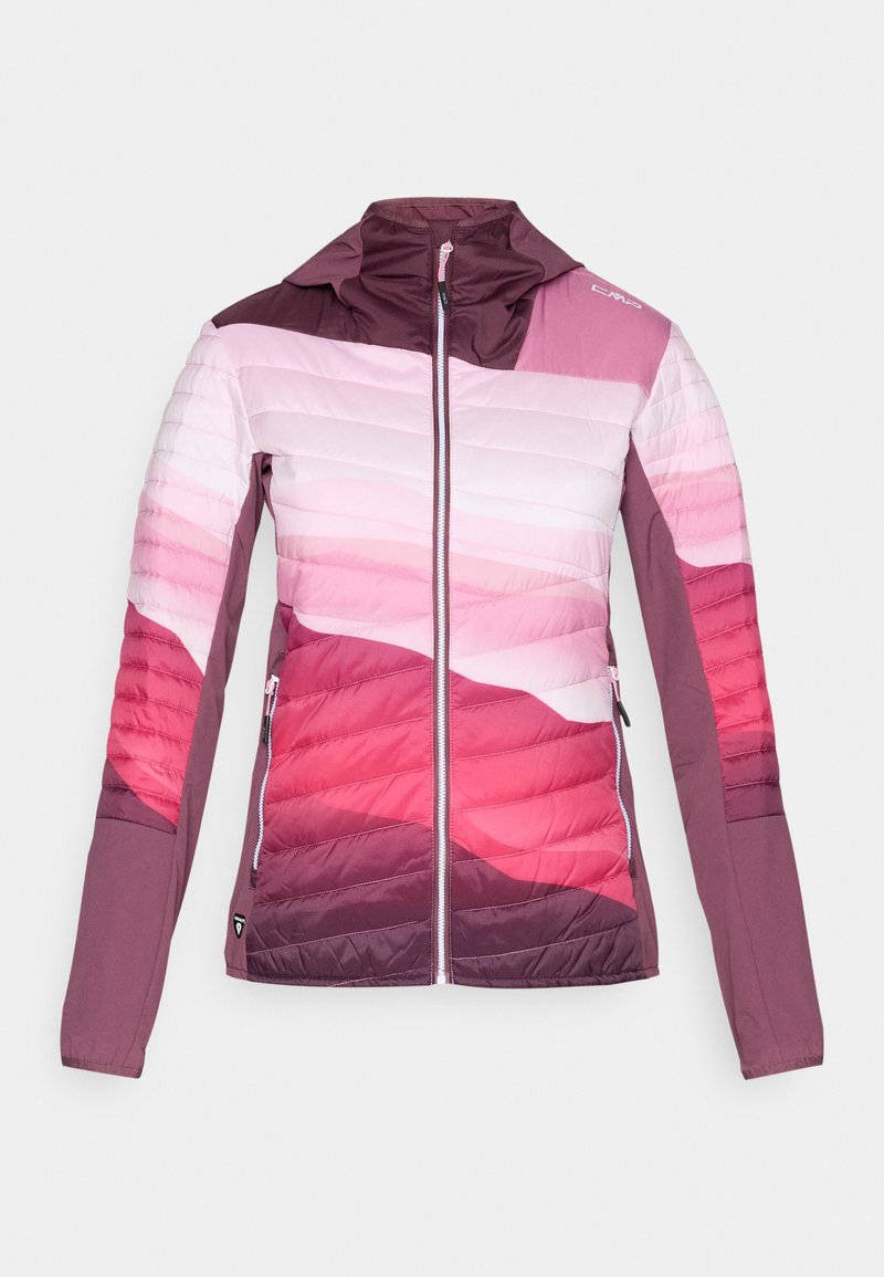 Leichte gesteppte Damenjacke mit Frontreißverschluss, Seitentaschen und Farbverlauf in Pink- und Burgundfarben.
