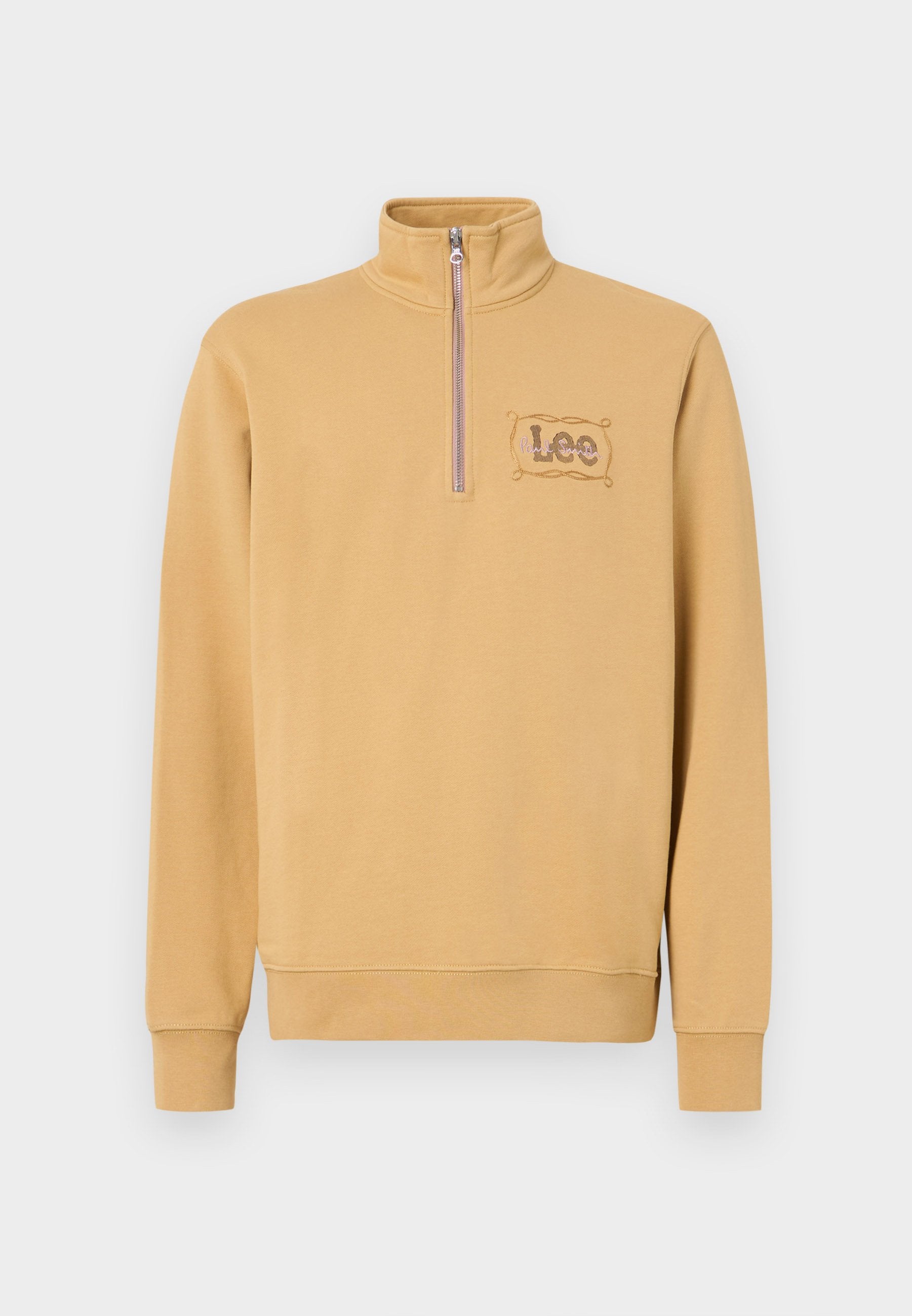 Gelber Pullover mit Reißverschluss am Kragen, mit einem gestickten "Lee"-Logo in rechteckigem Design auf der linken Brust. Material aus Baumwollmischung.