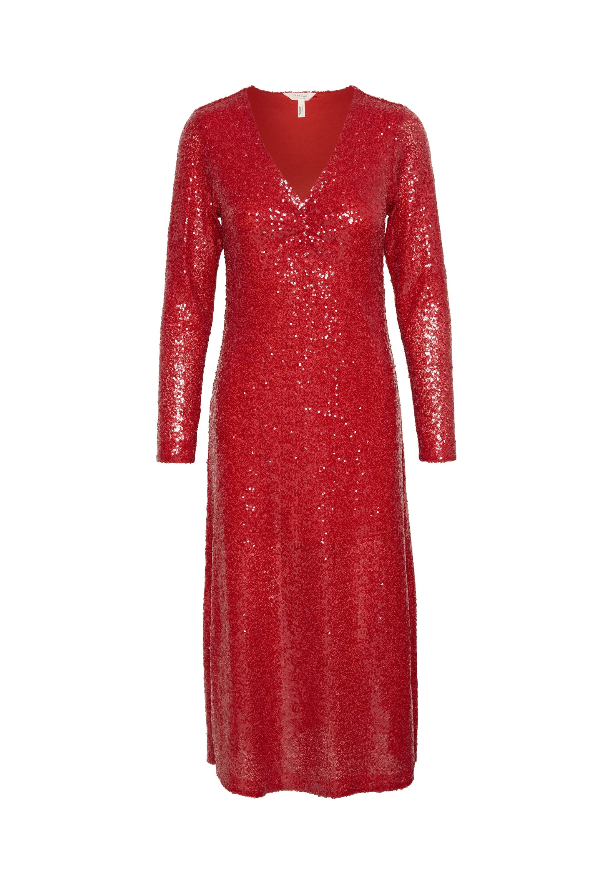 Rotes Paillettenkleid mit langen Ärmeln, V-Ausschnitt und bodenlanger Silhouette. Glatte Textur mit schimmernden Pailletten, die die Oberfläche bedecken.