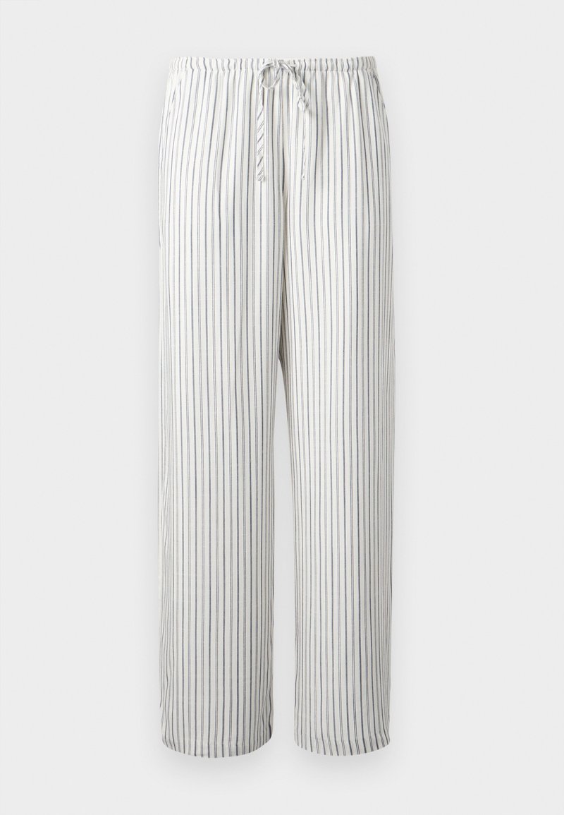 Weiße locker sitzende Hose mit dünnen vertikalen schwarzen Streifen, elastischem Bund und vorderem Zugband.