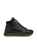 Schwarze Leder-Mid-Top-Sneaker mit Kunstfellkragen, goldenen Hardware-Akzenten und einer strukturierten Gummisohle in Beige. Leichtes Design für zusätzlichen Komfort.