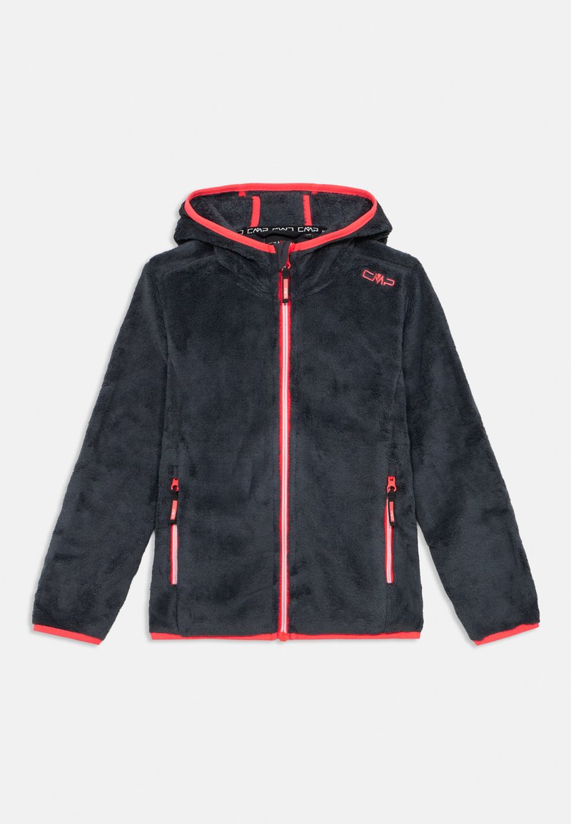 Dunkelgraue Fleecejacke mit Kapuze, versehen mit kontrastierenden roten Reißverschlüssen und Akzenten, zwei vorderen Reißverschlusstaschen und einem weichen, strukturierten Stoff.