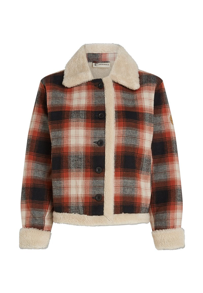 Karierte Jacke in Rot, Schwarz und Beige, mit Schafslederkragen und -futter, Knopfverschluss und langen Ärmeln mit Schafslederbündchen.