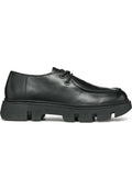 Schwarze Leder-Schnürschuhe mit dicker, geriffelter Sohle und grobem Profil, geeignet für legere oder formelle Anlässe.
